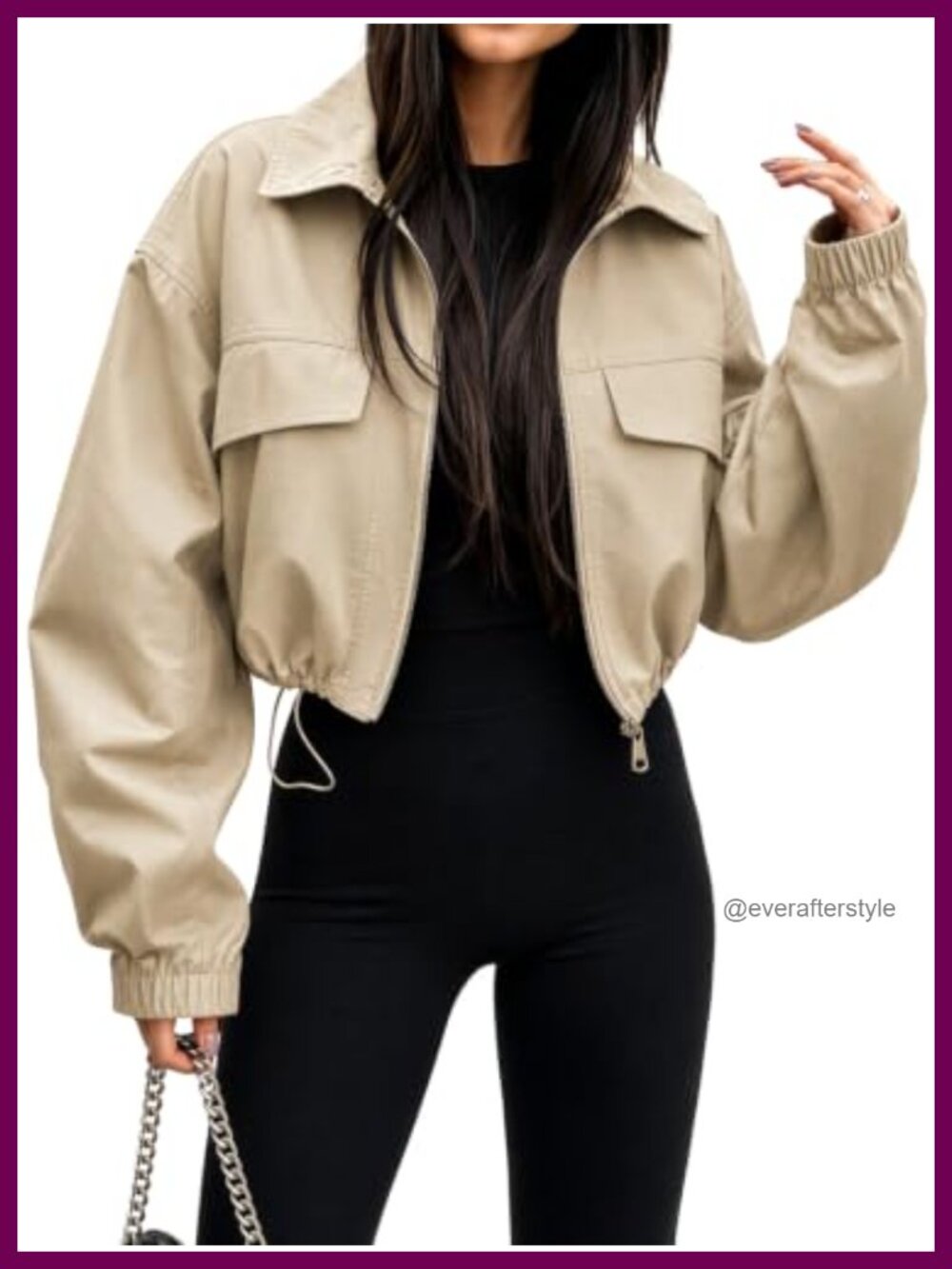 EXLURA Women's Oversized Cropped Bomber Jacket Lightweight Zip Utility Coat